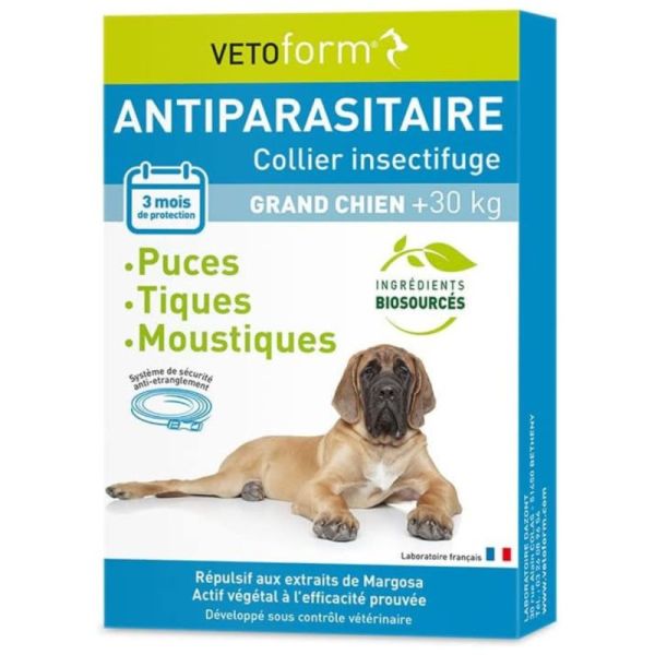 Vetoform Collier Insectifuge Antiparasitaire 65 cm - protection naturelle puces, tiques et moustiques 3 mois pour grand chien