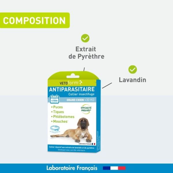 Vetoform Collier Insectifuge Antiparasitaire 65 cm - protection naturelle puces, tiques et moustiques 3 mois pour grand chien
