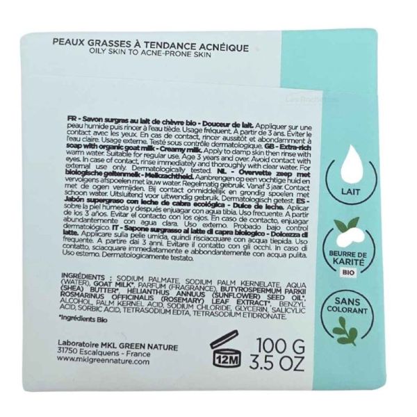 MKL Green Nature Lait de Chèvre Savon Surgras Purifiant Douceur de Lait 100 g - Nettoyage et pureté des peaux grasses à tendance acnéique