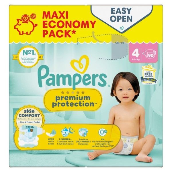 Pampers Premium Protection Taille 4 / 9-14kg - 90 Couches Mega Pack - Confort supérieur, ultra-absorbant
