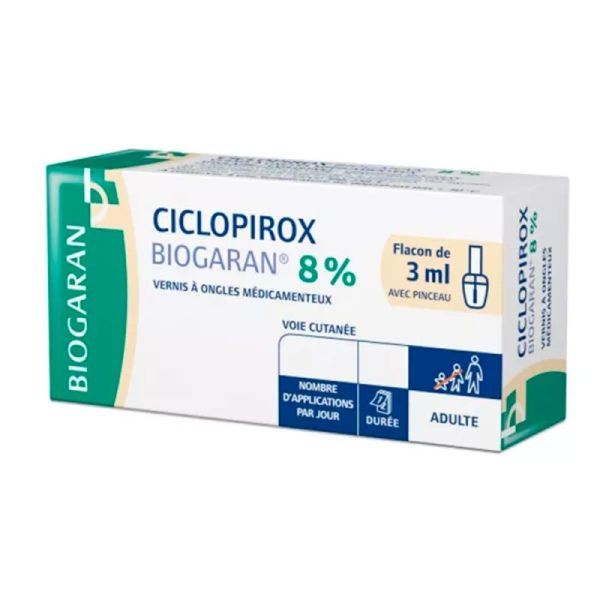 Biogaran Ciclopirox 8 % - Vernis à Ongles Médicamenteux - Flacon 3 ml + pinceau