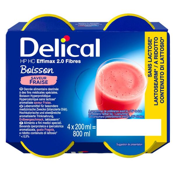 Delical Boisson Sans Lactose HP HC Effimax 2.0 - Avec Fibres - Saveur Fraise - 4x200ml