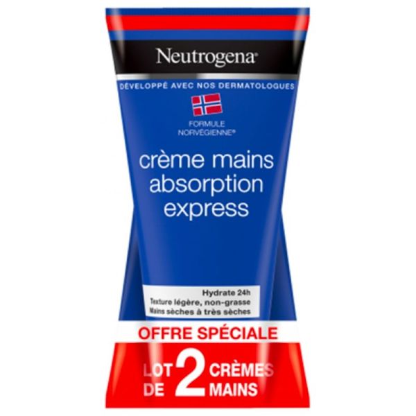 Neutrogena Crème Mains Absorption Express - Lot de 2 x 75 ml - Hydrate, protège et adoucit sans effet gras