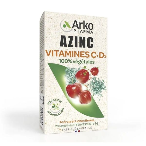 Arkopharma Azinc Vitamines C + D3 100 % Végétales - 20 Comprimés Effervescents