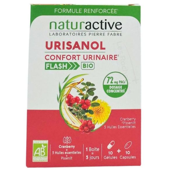 Naturactive Urisanol Confort Urinaire Flash BIO 10 Gélules + 10 Capsules Formule renforcée - Favorise le confort urinaire dès les premiers signes