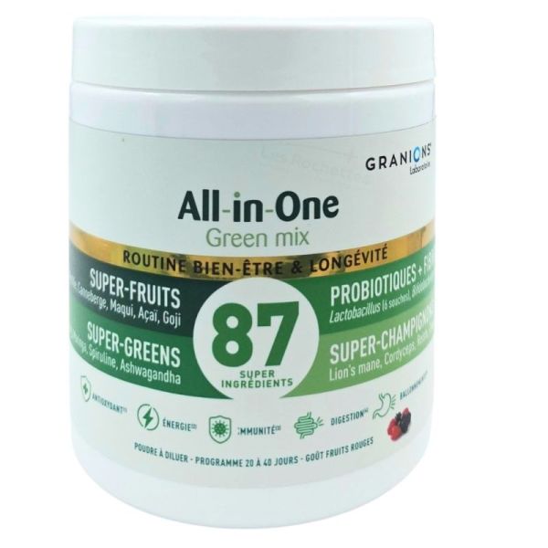 Granions All-in-One Green mix en poudre goût fruits rouges 146g -  Routine Bien-être & Longévité