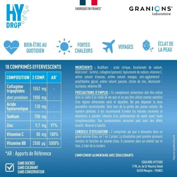 Granions Hydrop Collagène Tropical 18 comprimés effervescents - Hydratation et éclat de la peau