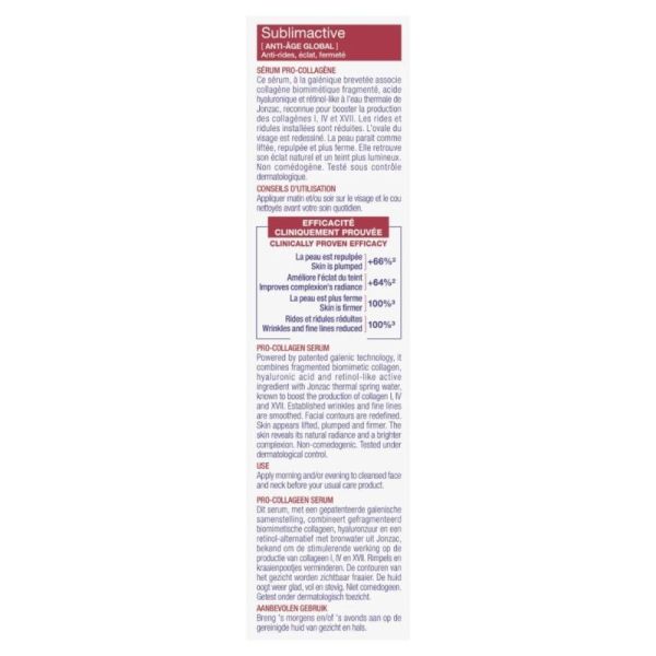 Jonzac Sublimactive Sérum Pro-Collagène 30 ml Bio - Triple action rides, éclat et fermeté