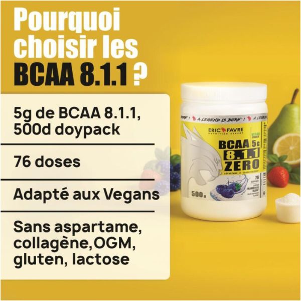 Eric Favre BCAA 8.1.1 ZERO Vegan 500g Kiwi-Poire – Récupération et entretien musculaire