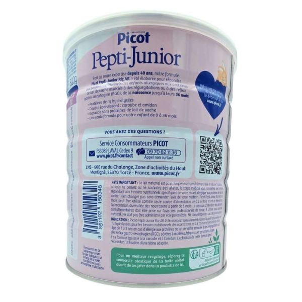 Picot Pepti-Junior Riz Anti Régurgitation 800g - Lait pour allergie aux protéines de lait de vache de 0 à 36 mois