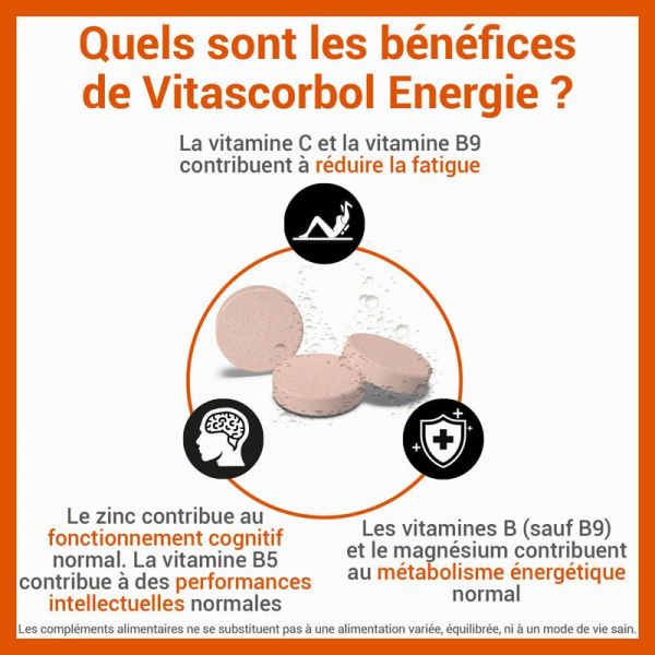 Vitascorbol Énergie - 30 comprimés effervescents - Goût Orange Pressé - Vitalité et Immunité