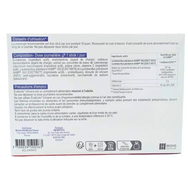 Besins Healthcare Evabiote Urinaire Formule Flash 10 sticks - Confort urinaire et immunité