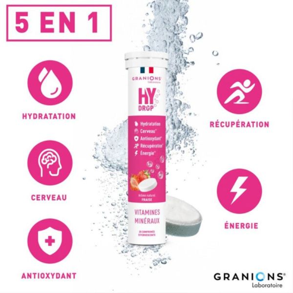 Granions Hydrop Électrolytes Fraise 20 Comprimés Effervescents – Hydratation et énergie