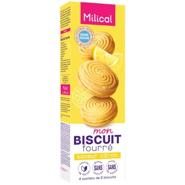 Milical Biscuits Fourrés Saveur Citron - 4 sachets de 2 biscuits diététiques sans sucres ajoutés