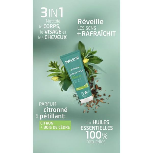 Weleda Homme Gel Douche Energy Fresh 3en1 200ml – Tonique et cèdre