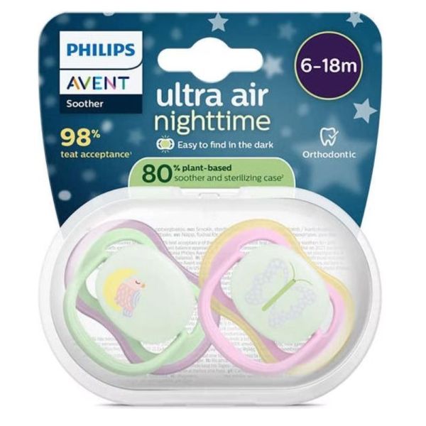 Philips Avent Pacifier Ultra Air Night Sucettes Orthodontiques Nuit en Silicone 6-18 Mois - 2 Sucettes