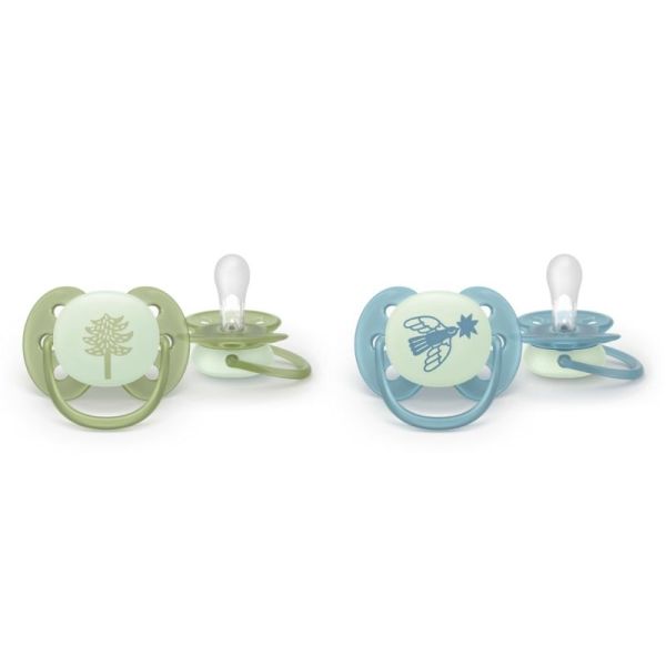 Philips Avent Ultra Soft Nighttime Lot de 2 Sucettes Phosphorescentes 18 Mois et Plus - Motifs et coloris aléatoires