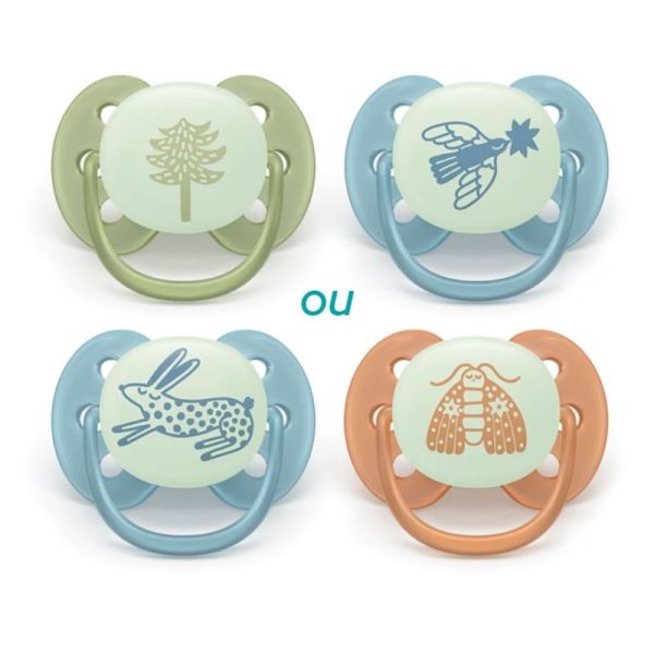 Philips Avent Ultra Soft Nighttime Lot de 2 Sucettes Phosphorescentes 18 Mois et Plus - Motifs et coloris aléatoires