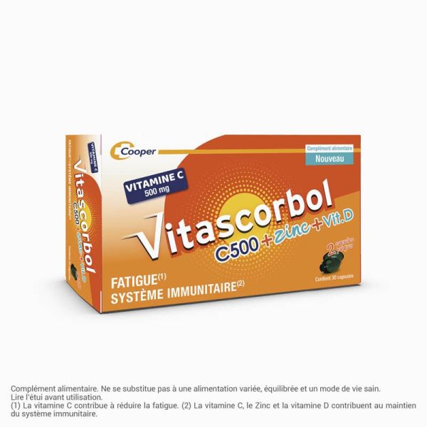 Vitascorbol C500 + Zinc + Vitamine D - 30 Capsules - Anti Fatigue et Renfort du Système Immunitaire
