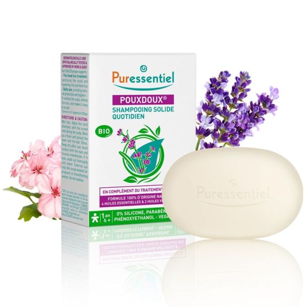 Puressentiel Pouxdoux Shampoing Solide Quotidien Bio 60 g – Aide à éliminer les poux, apaise et facilite le démêlage