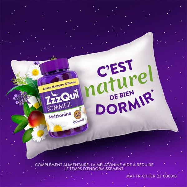 ZzzQuil Sommeil 60 Gummies Arôme Mangue Banane - Complément alimentaire pour le sommeil, aide à s'endormir vite