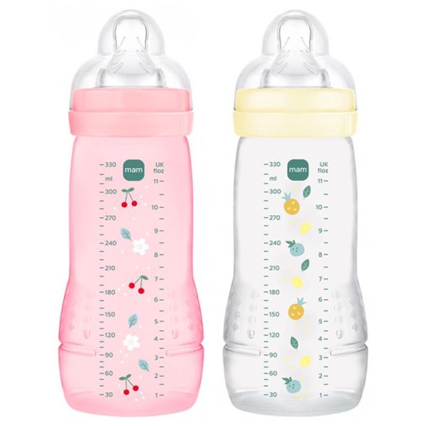 MAM Easy Active Biberons 2ème Âge - 2 Biberons de 330 ml - 6 Mois et + - Débit Très Rapide - Couleur : Pearl/Berry