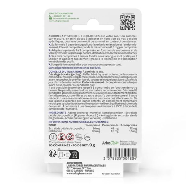 Arkopharma Arkorelax Sommeil Flexi-Doses - 60 Mini Comprimés Sublingaux