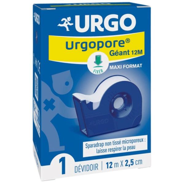 Urgo Urgopore Sparadrap Microporeux Géant - 12 m x 2,5 cm - Fixe les Pansements - 1 Dévidoir