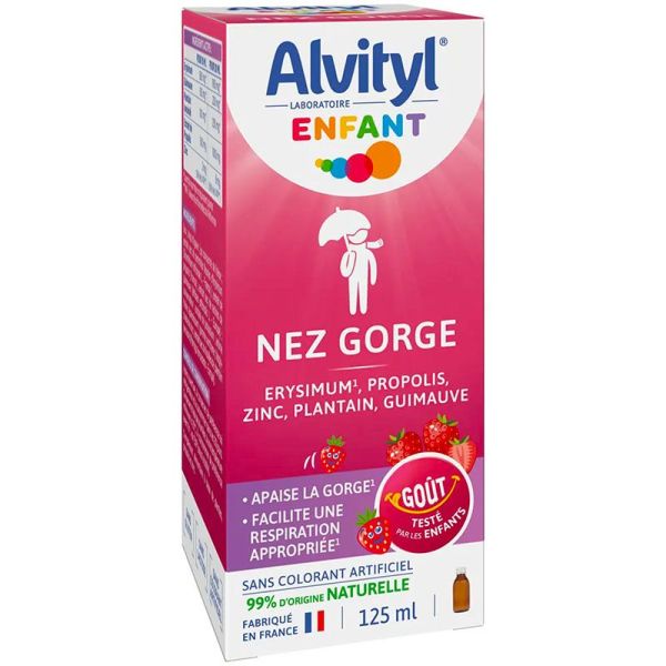 Alvityl Enfant Nez Gorge - Sirop Toux Sèche et Grasses - Goût Fraise - Calme les Irritations - 125ml