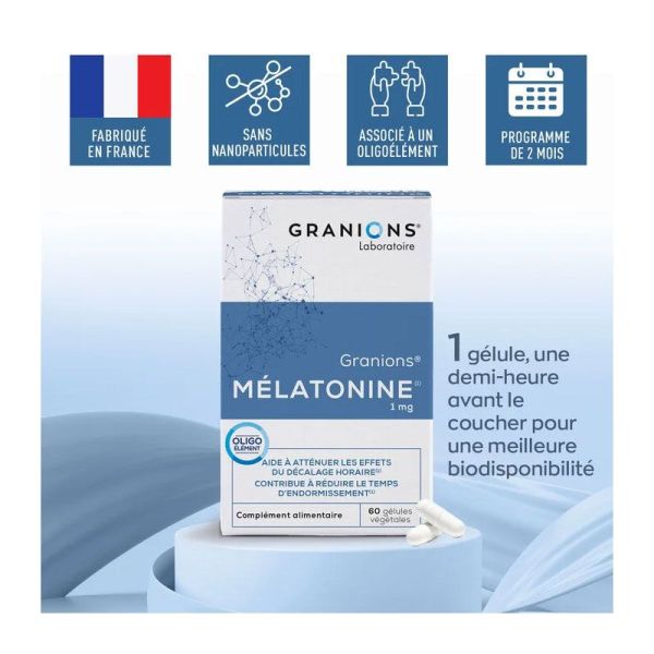 Granions Mélatonine 1mg 60 gélules - Contribue à réduire le temps d'endormissement