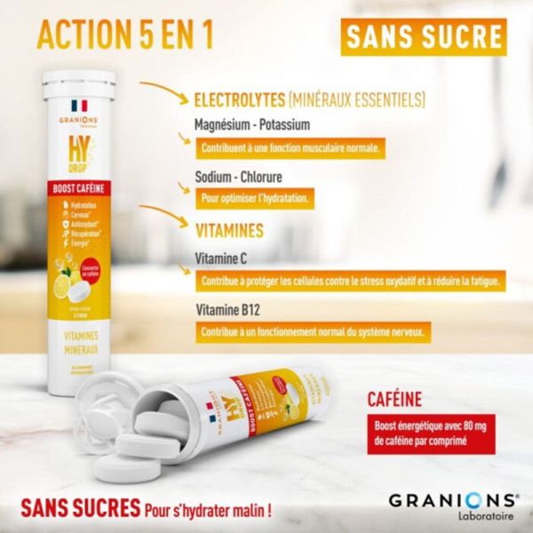 Granions Hydrop Boost Caféine Citron 20 Comprimés Effervescents – Hydratation et énergie