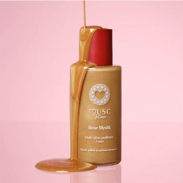 Musc Intime Huile Glow Pailletée Corps Rose Mystik 100 ml – Huile sèche nutritive sublimatrice nacrée