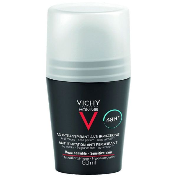 Vichy Homme Déodorant Anti-Transpirant Anti-Irritations 48H Roll-On - 50 ml - Peaux Sensibles