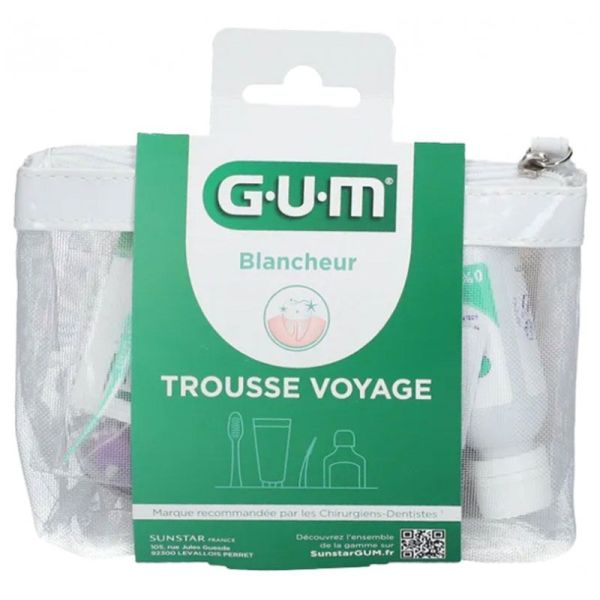 GUM Trousse Voyage Blancheur - Kit Hygiène Orale Complet - Brosse, Dentifrice, Bain de Bouche et Bâtonnet Interdentaire