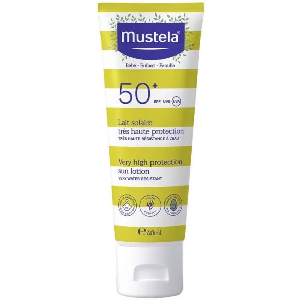 Mustela Lait Solaire Très Haute Protection SPF50+ - 40 ml - Bébé, enfant, famille, résiste à l'eau