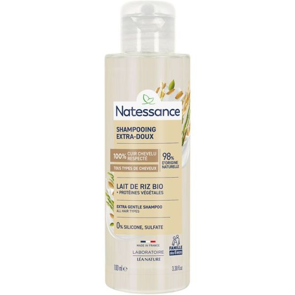 Natessance Shampooing Extra-Doux au Lait de Riz Bio 100 ml – Format voyage haute tolérance sans sulfate