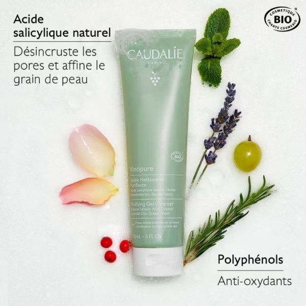 Caudalie Vinopure Gelée Nettoyante Purifiante Bio Peaux Mixtes à Grasses - 150ml