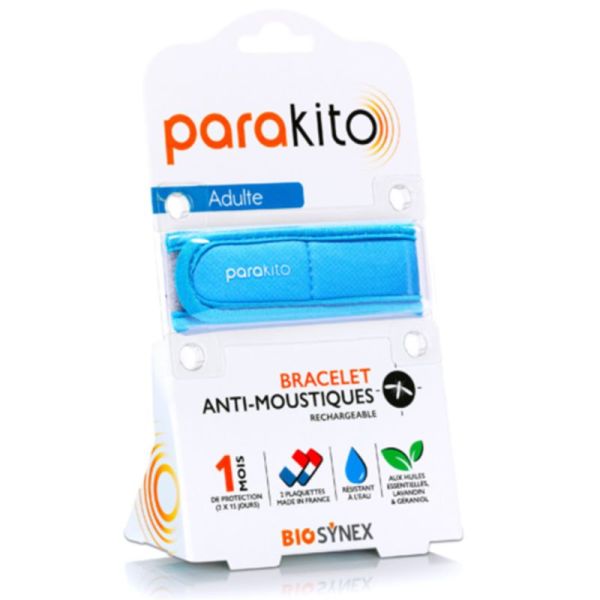 Para'Kito Bracelet Anti-Moustiques Rechargeable Adulte Bleu – Répulsif étanche en tissu avec 2 recharges