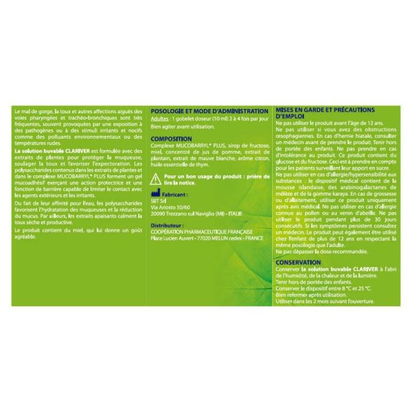 Clariver Toux Solution Buvable - 175ml - Soulage et protège les voies respiratoires