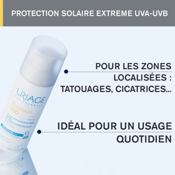 Uriage Bariésun 100 Fluide Protecteur Extrême SPF 50+ 50 ml - Peaux intolérantes au soleil, résiste à l'eau