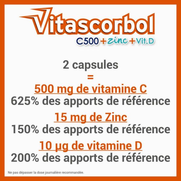 Vitascorbol C500 + Zinc + Vitamine D - 30 Capsules - Anti Fatigue et Renfort du Système Immunitaire