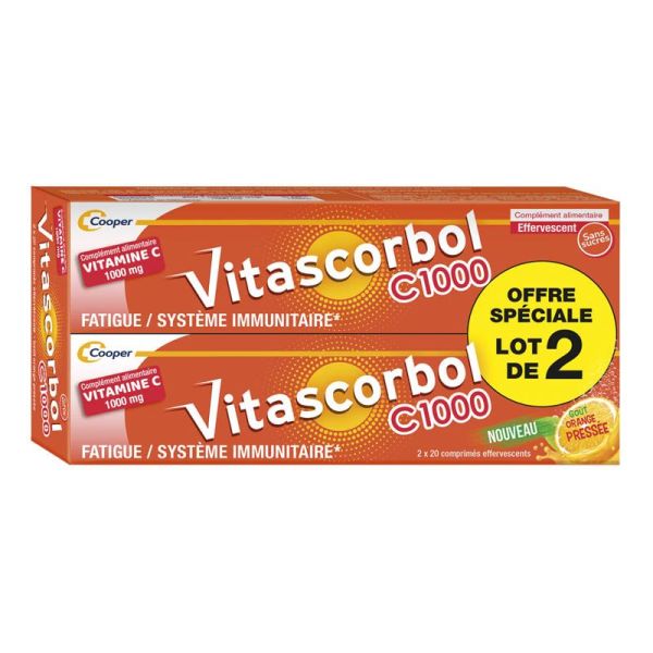 Vitascorbol Vitamine C 1000 - 2 x 20 Comprimés Effervescents - Réduit la Fatigue et Maintien le Système Immunitaire