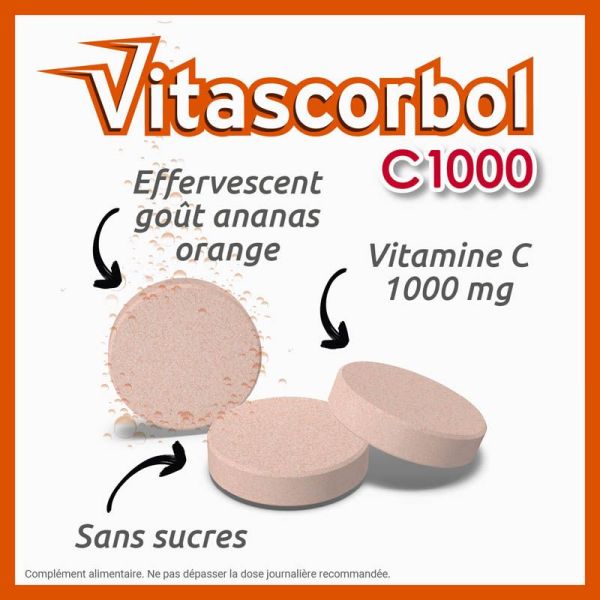 Vitascorbol Vitamine C 1000mg - 15 Comprimés Effervescents - Saveur Orange/Ananas - Boost de vitamine C