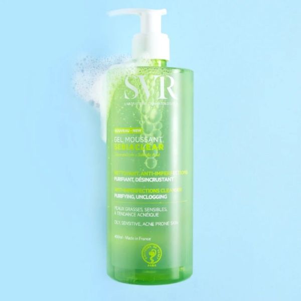 SVR Sebiaclear Gel Moussant 400 ml - nettoie les imperfections et purifie les peaux grasses, sensibles, à tendance acnéique - Visage et corps
