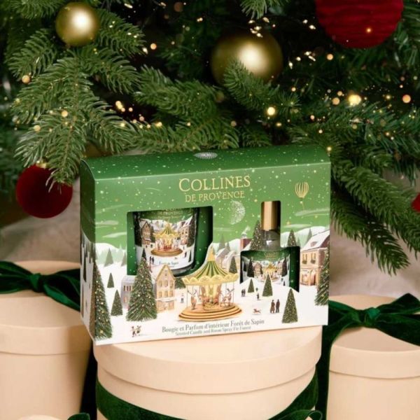 Collines de Provence Bougie et Parfum d'intérieur Forêt de Sapin Coffret 75 g + 50 ml - Ambiance boisée et féerique pour les fêtes