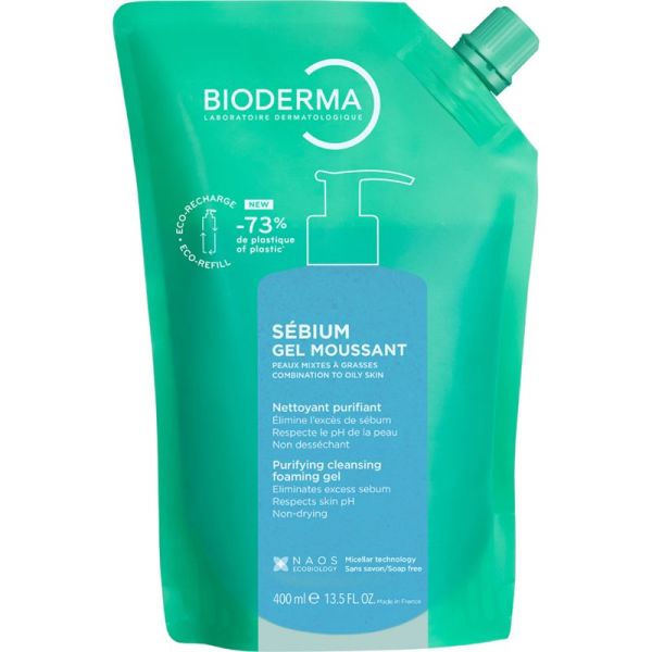 Bioderma Sébium Gel Moussant Nettoyant Purifiant Eco-Recharge 400ml – Nettoyant purifiant doux