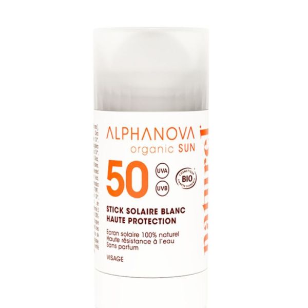 Alphanova Organic Sun Stick Solaire Blanc Visage Bio SPF50+ Haute Protection - 15g