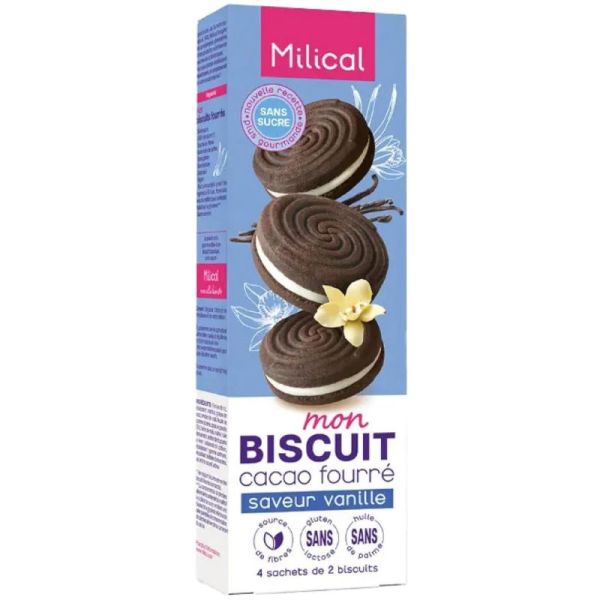 Milical Biscuits Fourrés Cacao Saveur Vanille - 4 sachets de 2 biscuits diététiques sans sucres ajoutés
