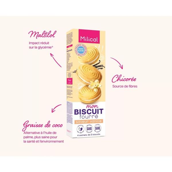Milical Biscuits Fourrés Saveur Vanille - 4 sachets de 2 biscuits diététiques sans sucres ajoutés