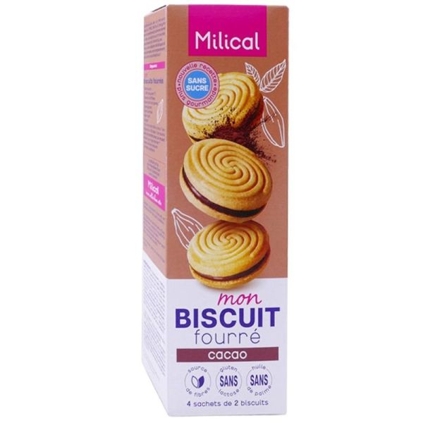 Milical Biscuit Fourré Saveur Cacao - 4 sachets de 2 biscuits diététiques sans sucres ajoutés